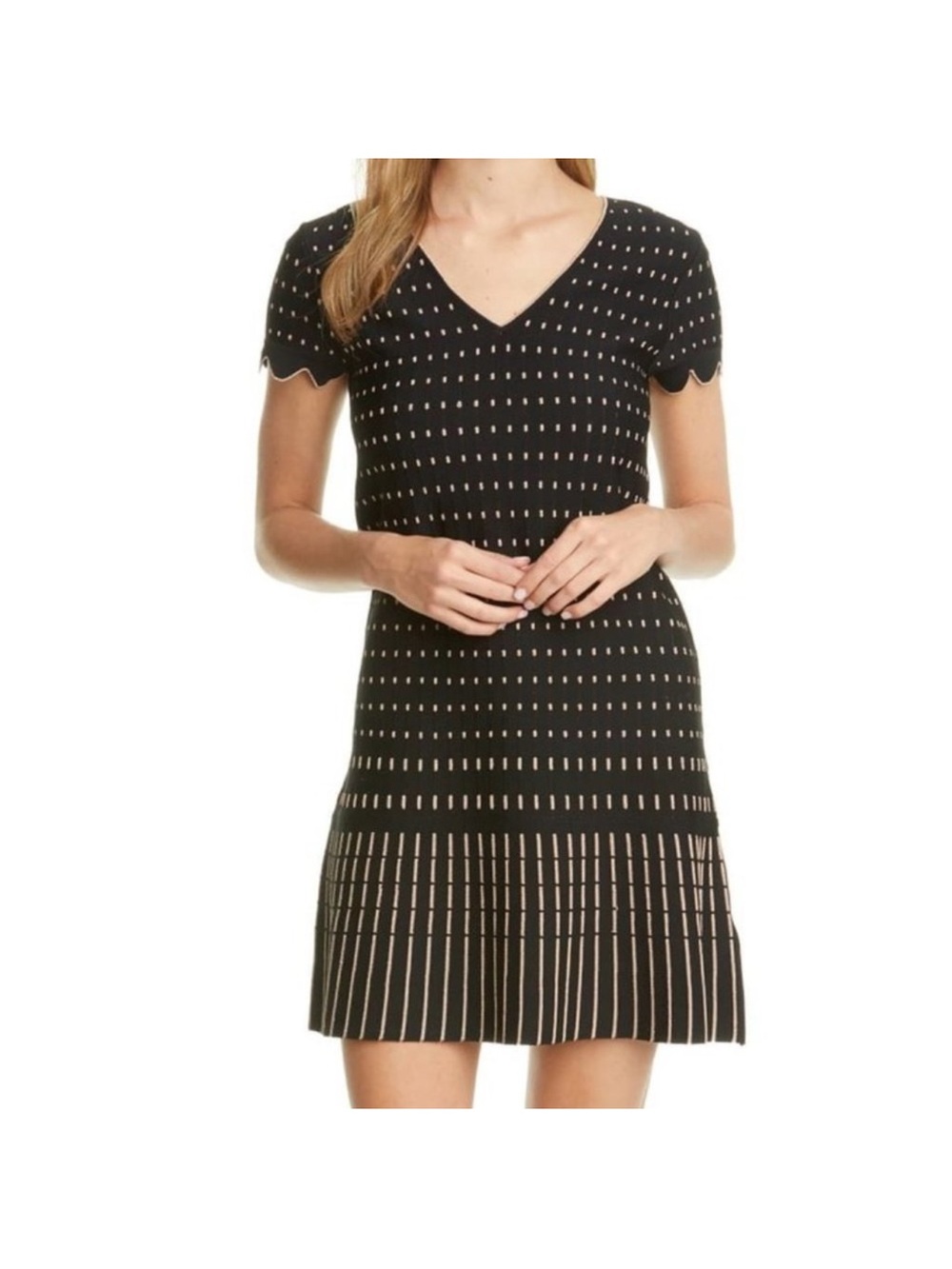 Ted Baker Maciiey Black and Gold Knit V-Neck Scallop Sleeve Mini Dress